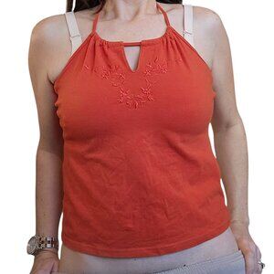 Y2K Rust Orange‎ Halter Top Boho Embroidered Flowers Jrs Sz XL Festival